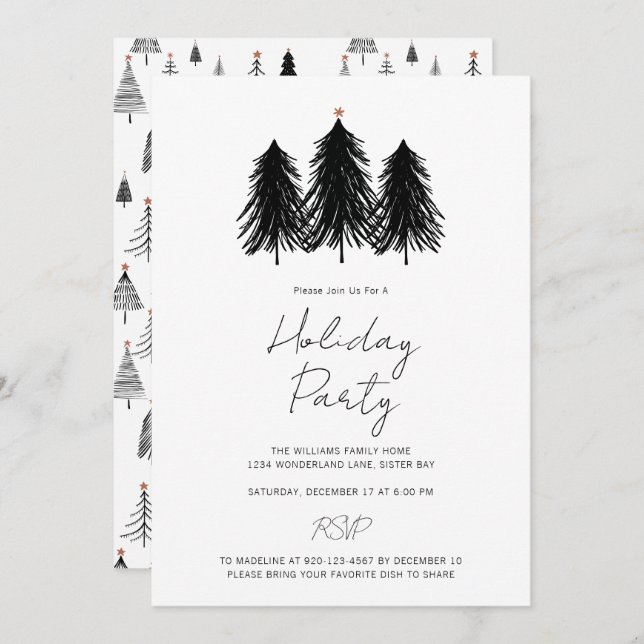 Black White Christmas Pine Trees Holiday Party Invitation (Front/Back)