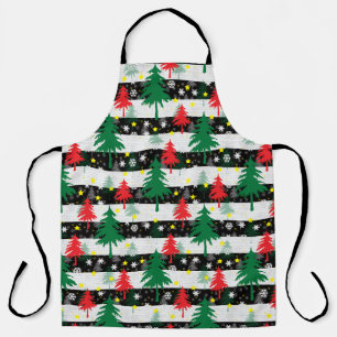 Black White Christmas Snow Stripes Red Green Trees Apron