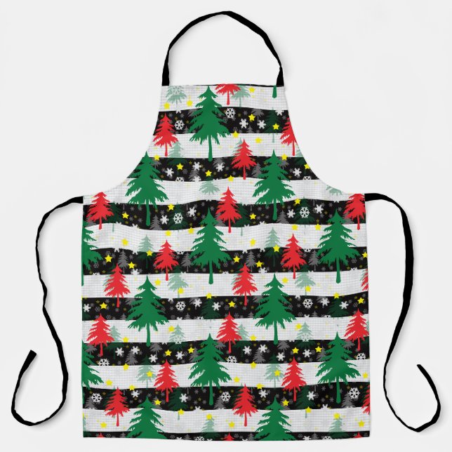 Black White Christmas Snow Stripes Red Green Trees Apron (Front)