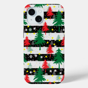 Black White Christmas Snow Stripes Red Green Trees iPhone 15 Case