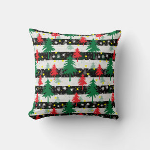 Black White Christmas Snow Stripes Red Green Trees Cushion