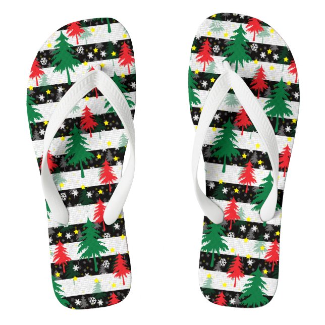Black White Christmas Snow Stripes Red Green Trees Jandals (Footbed)