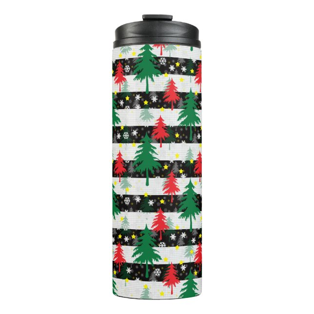 Black White Christmas Snow Stripes Red Green Trees Thermal Tumbler (Front)