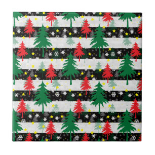 Black White Christmas Snow Stripes Red Green Trees Tile