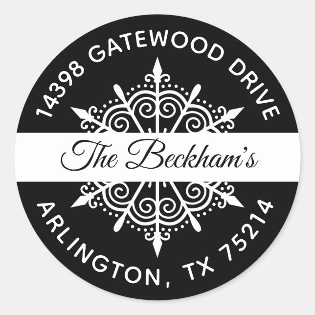Black White Christmas Snowflake Return Address Classic Round Sticker (Front)