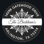 Black White Christmas Snowflake Return Address Classic Round Sticker<br><div class="desc">A festive black and white holiday snowflake sticker with the words Merry Christmas and your name and address! They add a finishing touch to your Christmas Cards with this snowflake return address label. Designed for you by Blackberry Boulevard.</div>