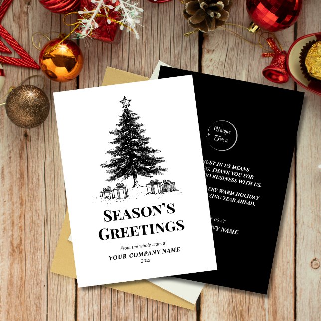 Black & White Christmas Tree Custom Business Logo  Holiday Card (Creator Uploaded)