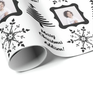 Black White Christmas Tree Custom Photo Sentiment Wrapping Paper