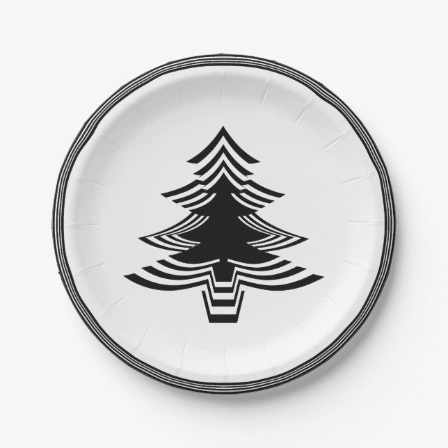 Black/White Christmas Tree Font Geometric Pattern Paper Plate (Front)