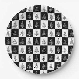 Black White Christmas Tree Pattern Elegant Paper Plate