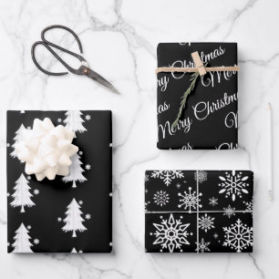 Black, white Christmas, Trees, Snowflakes holiday  Wrapping Paper Sheet
