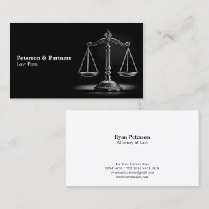 Black & White Chrome Scale of Justice on Black Business Card