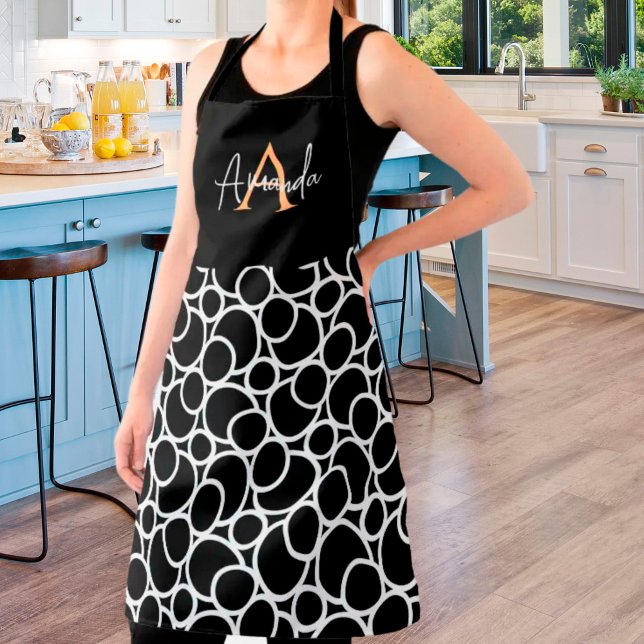 Black & White Circle Pattern with Monogram Apron (Creator Uploaded)