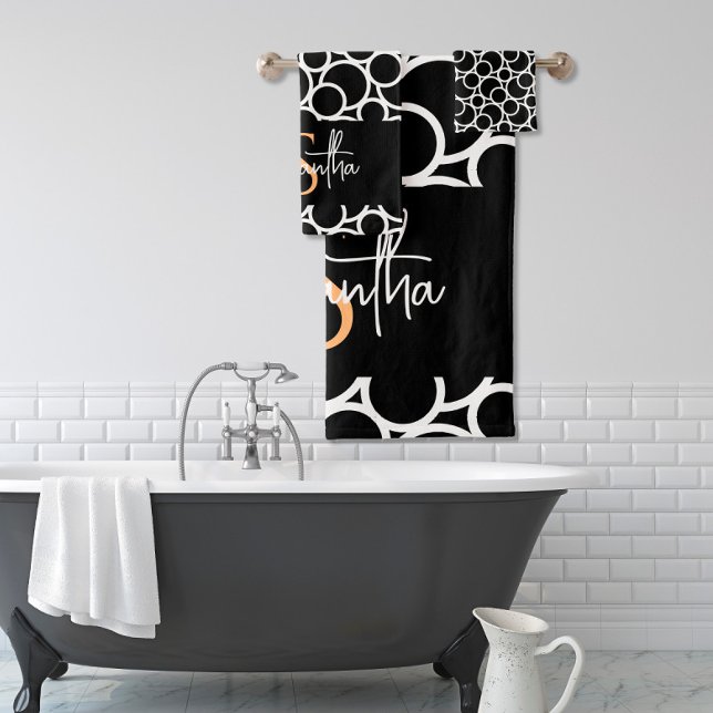 Black & White Circle Pattern with Monogram  Bath Towel Set (Creator Uploaded)