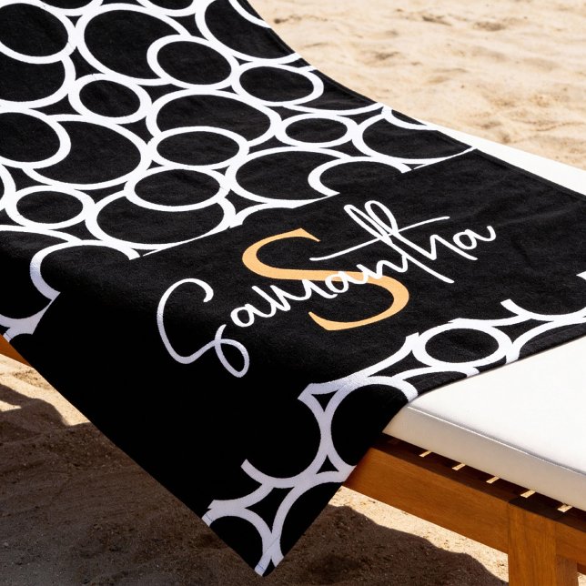 Black & White Circle Pattern with Monogram Beach Towel (black and white personalized beach towel)