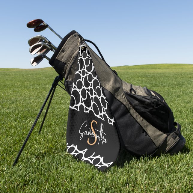 Black & White Circle Pattern with Monogram Golf Towel (Green)