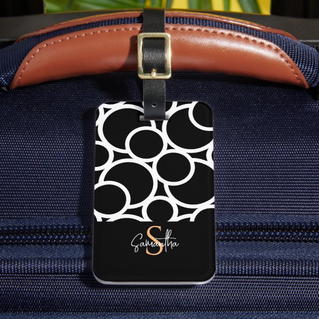 Black & White Circle Pattern with Monogram Luggage Tag (Front Insitu 2)