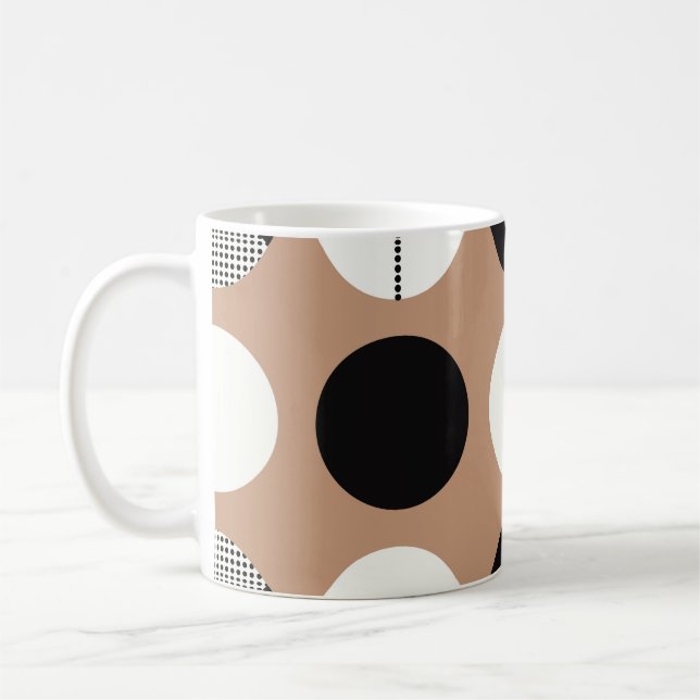 Black, white circles, brown background. coffee mug (Left)