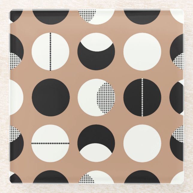 Black, white circles, brown background. glass coaster (Front)