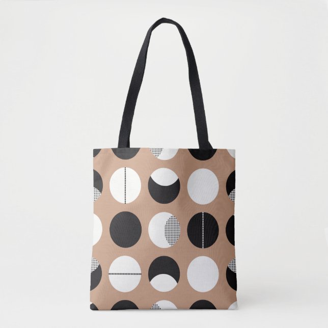 Black, white circles, brown background. tote bag (Front)