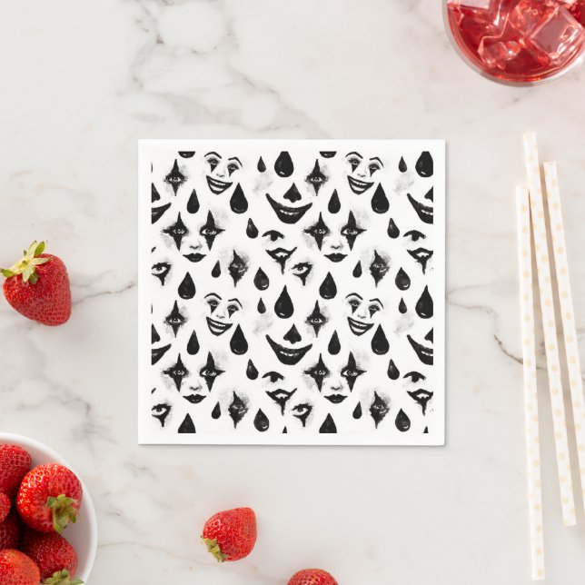 Black White Circus Clown Faces Halloween Fun Napkin (Insitu)