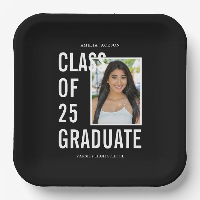 Black & White Class Of 25 Photo Graduation Party Paper Plate (Creator Uploaded)