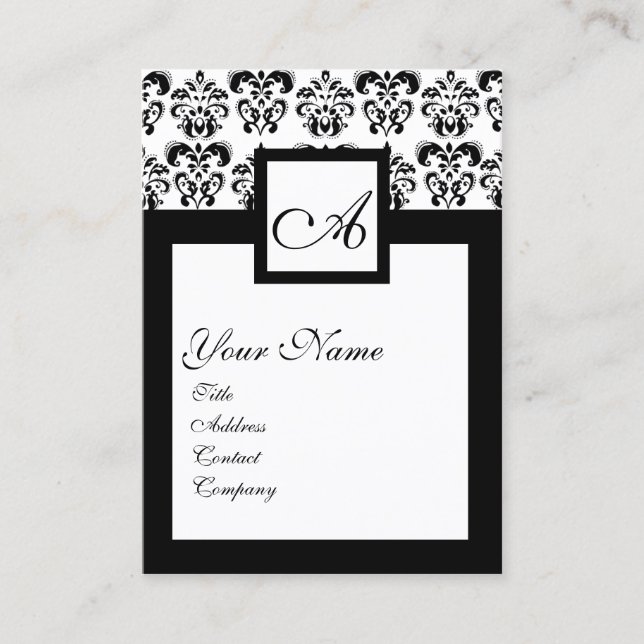 BLACK WHITE CLASSIC DAMASK SQUARE MONOGRAM BUSINESS CARD (Front)