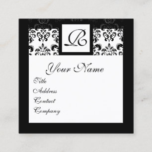 BLACK WHITE CLASSIC DAMASK SQUARE MONOGRAM BUSINESS CARD