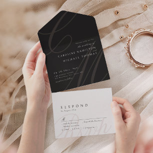 Black White Classic Elegance calligraphy monogram All In One Invitation