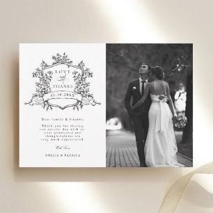Black & White Classic Floral Crest Wedding Photo Thank You Card