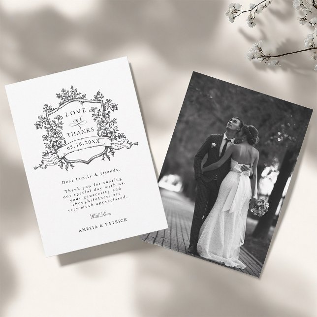 Black & White Classic Floral Crest Wedding Photo Thank You Card (Front & Back)