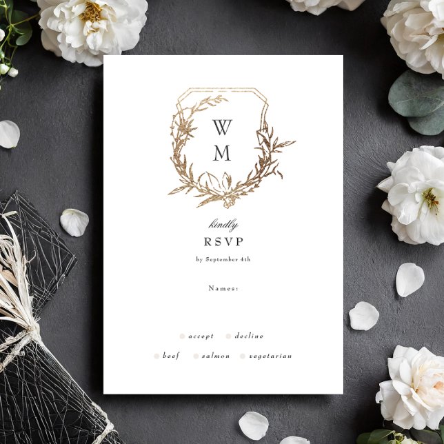 Black White classic floral Gold crest wedding RSVP Card (Creator Uploaded)