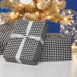 Black White Classic Gingham Christmas Plaid Checks Wrapping Paper