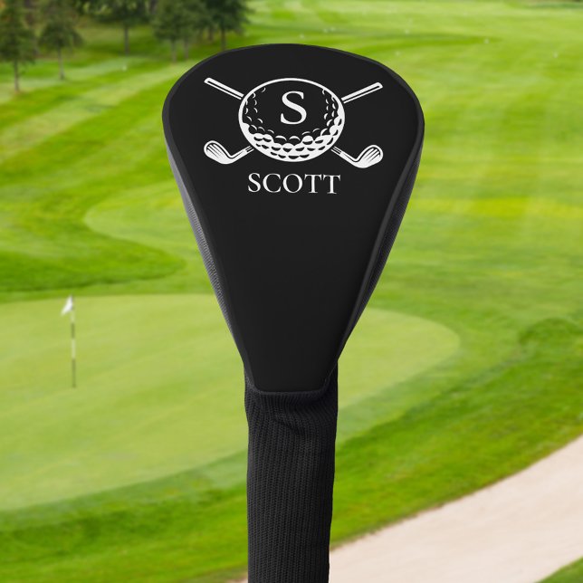 Black White Classic Golf Clubs Monogram Name  Golf Head Cover (Creator Uploaded)