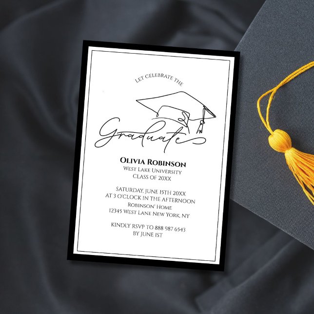 Black White Classic Graduation cap typography Invitation (Creator Uploaded)