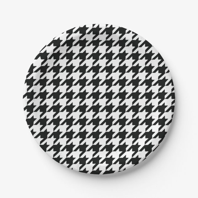 Black White Classic Houndstooth Check Paper Plate (Front)