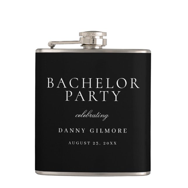 Black & White Classic Mens Bachelor Party Gift Hip Flask (Front)