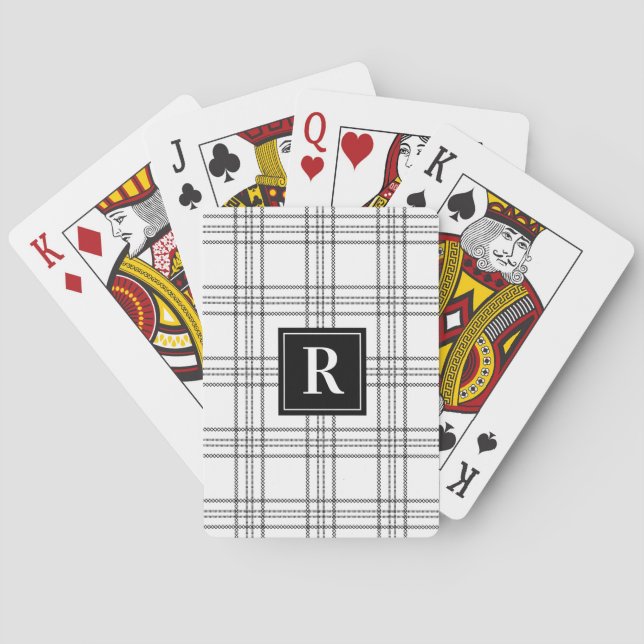 Black White Classic Plaid Monogram Playing Cards (Back)
