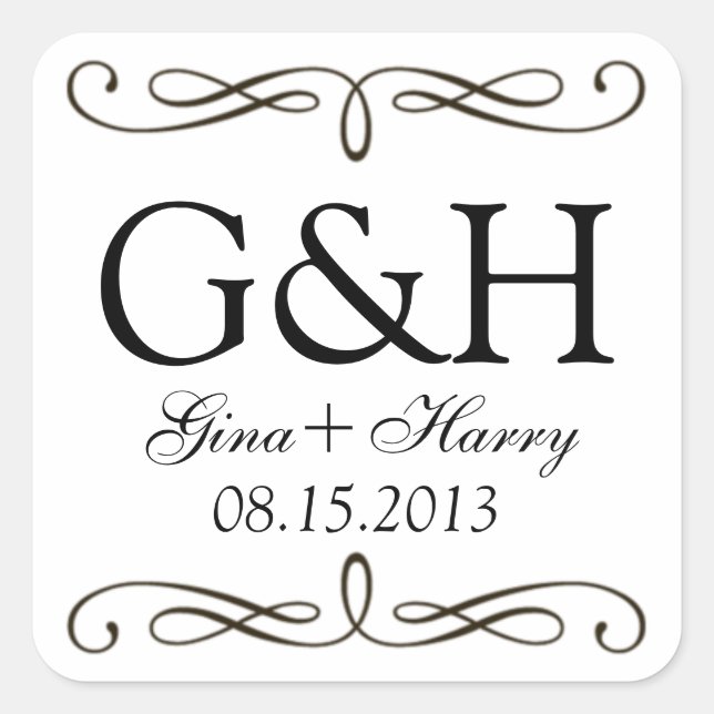 Black white classic swirl 2 monogram favour seal (Front)