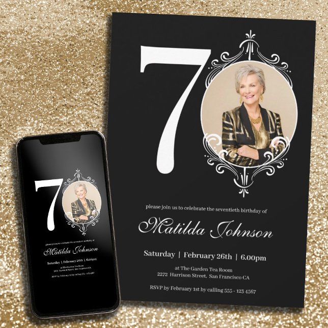 Black White Classy Custom Photo 70th Birthday Invitation (70th Birthday Black White Classy Custom Photo Invitation)