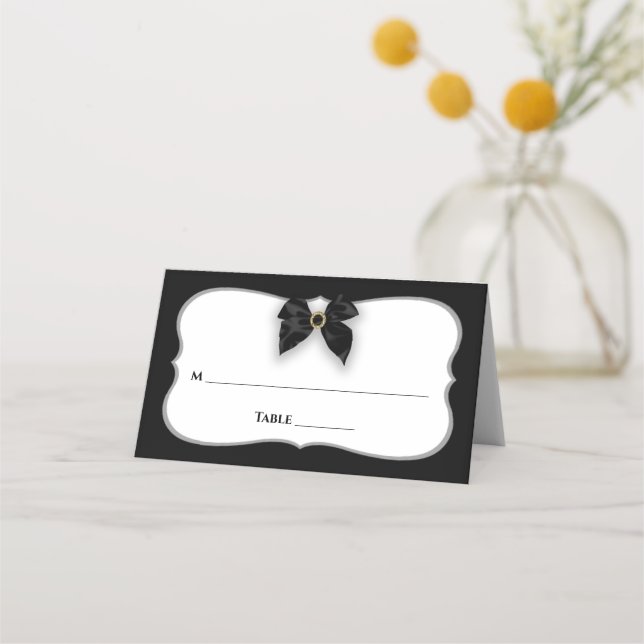 Black & White, Classy Faux Bow/Ribbon, Wedding Place Card (Front)
