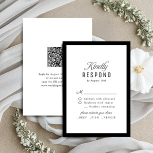 Black White Classy Script Elegant QR code Wedding RSVP Card