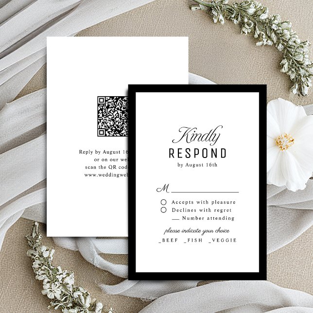 Black White Classy Script Elegant QR code Wedding RSVP Card (Black White Classy Script Elegant QR code Wedding RSVP Card)