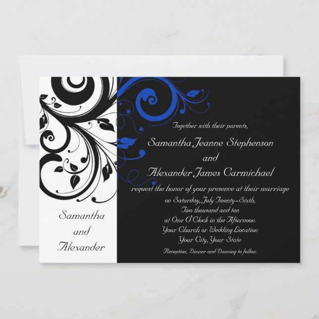 Black/White/Cobalt Blue Bold Swirl Wedding Invitation (Front)