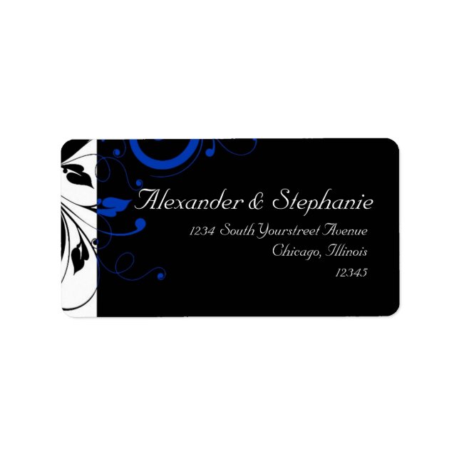 Black/White/Cobalt Blue Bold Swirl Wedding Label (Front)