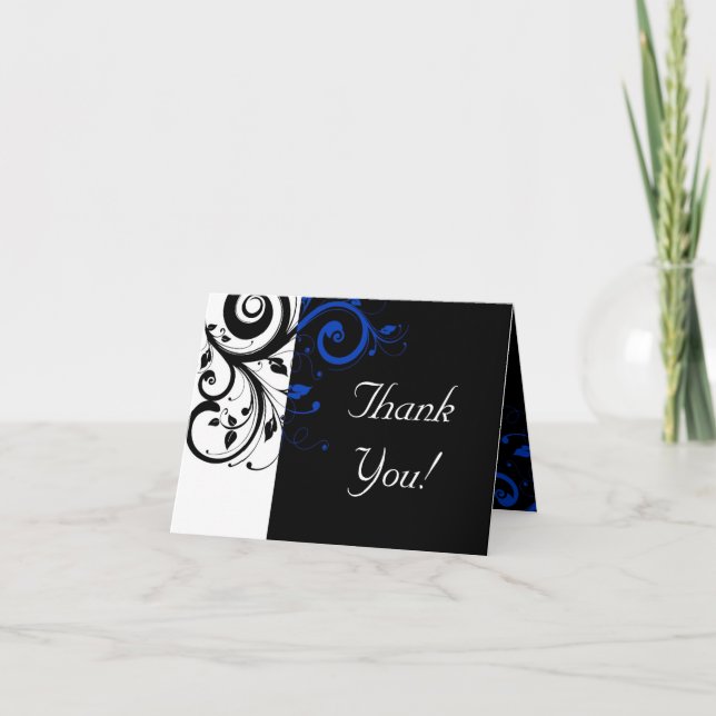 Black/White/Cobalt Blue Bold Swirl Wedding Thank You Card (Front)