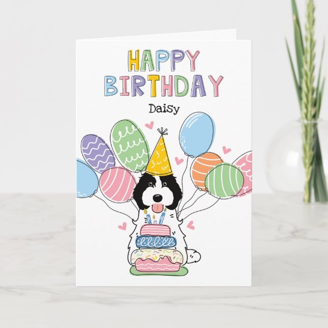 Black White Cockapoo Cavapoo Dog Happy Birthday Card (Front)