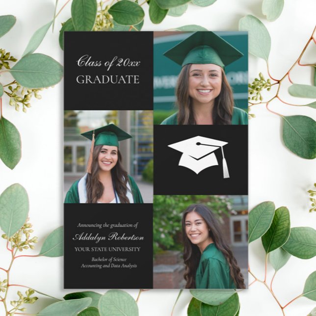 Black White College University Photo Graduation  Announcement (Elegant black 3-photo graduation announcement)