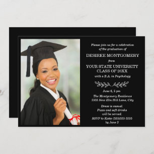 Black White College University Photo Graduation Invitation