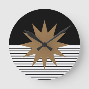 Black White Colorblock & Brown Sun Round Clock